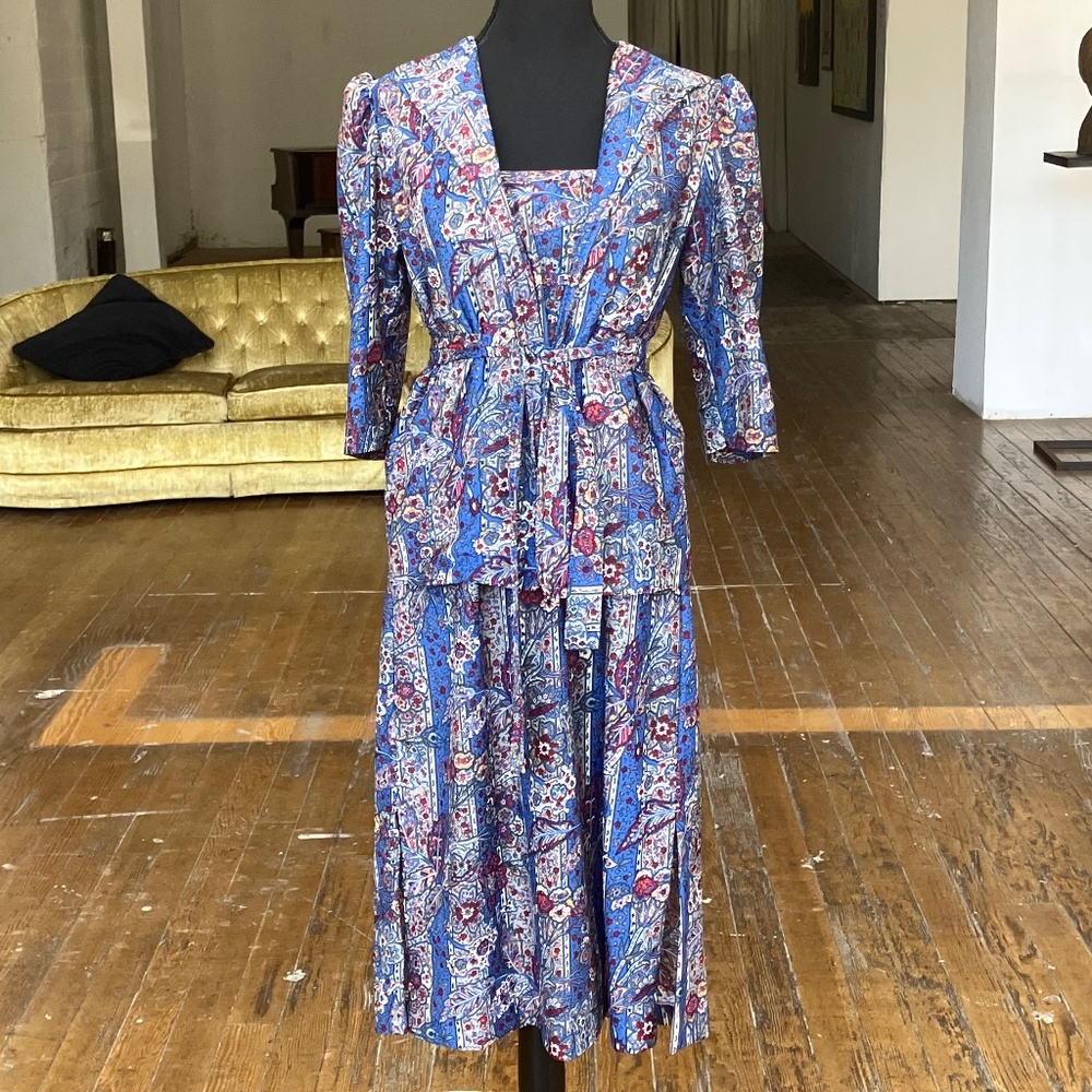 Blue, white and red vintage handmade floral, dress and jacket set